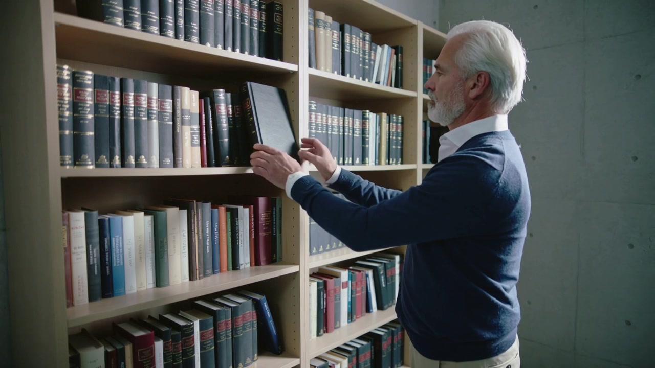 Man in trui scant houten plank, ziet rug van map, verwijdert map en leest pagina's, met ruimte voor tekst.