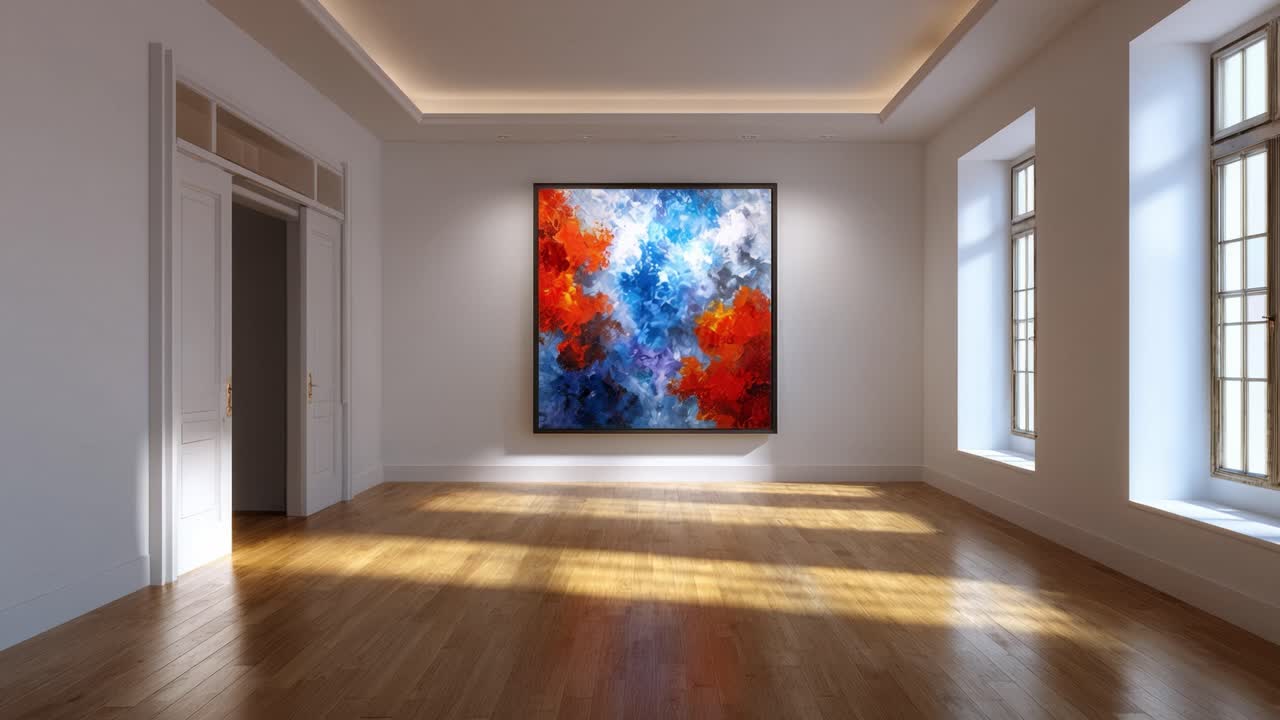Un'opera d'arte astratta mozzafiato che domina uno spazio di galleria moderna con colori vivaci e pennellate dinamiche, affascinando l'osservatore in un'ambientazione elegante.