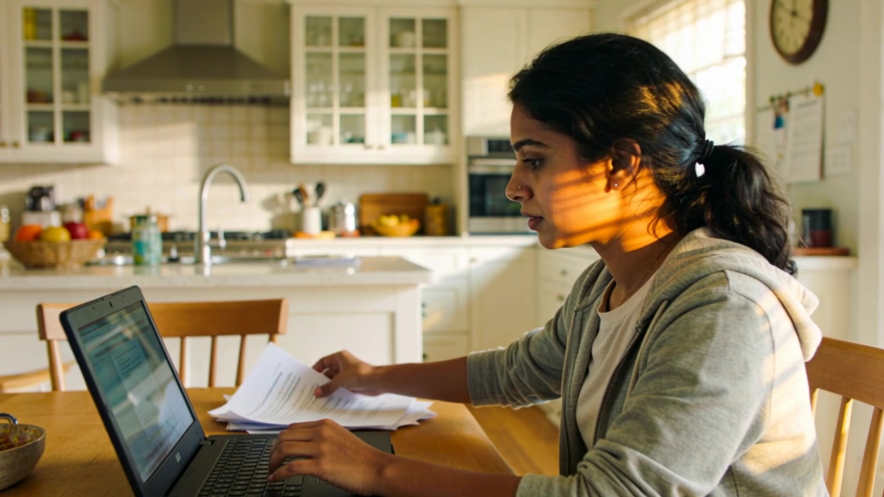 Typing woman in grey hoodie checking papers, typing on laptop finishing work at kitchen, copy space