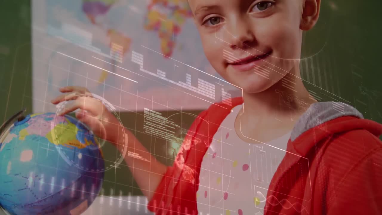 animación del procesamiento de datos sobre una escolar mirando el globo en clase