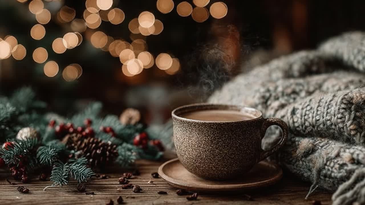 A Cozy Winter Scene Featuring a Warm Cup of Coffee Surrounded by Festive Decor and Soft Knitted Textiles, Perfect for the Holiday Season Atmosphere