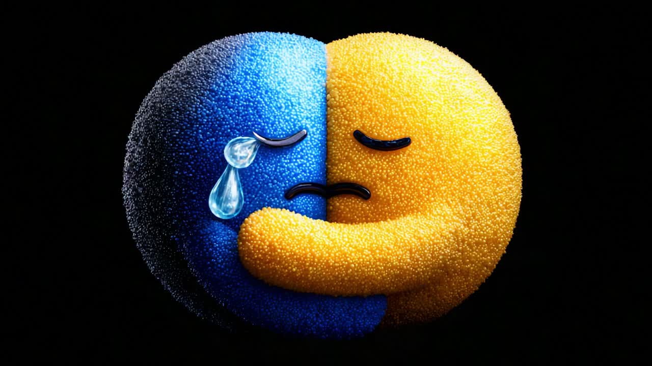 A touching artistic representation of contrasting emotions, featuring yellow and blue round figures embracing, reflecting sorrow and sadness as they connect through color and texture