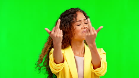mujer, estudio y dedo medio por pantalla verde