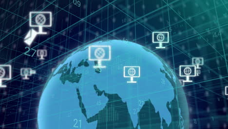 digital network and computer icons animation over rotating globe and grid background