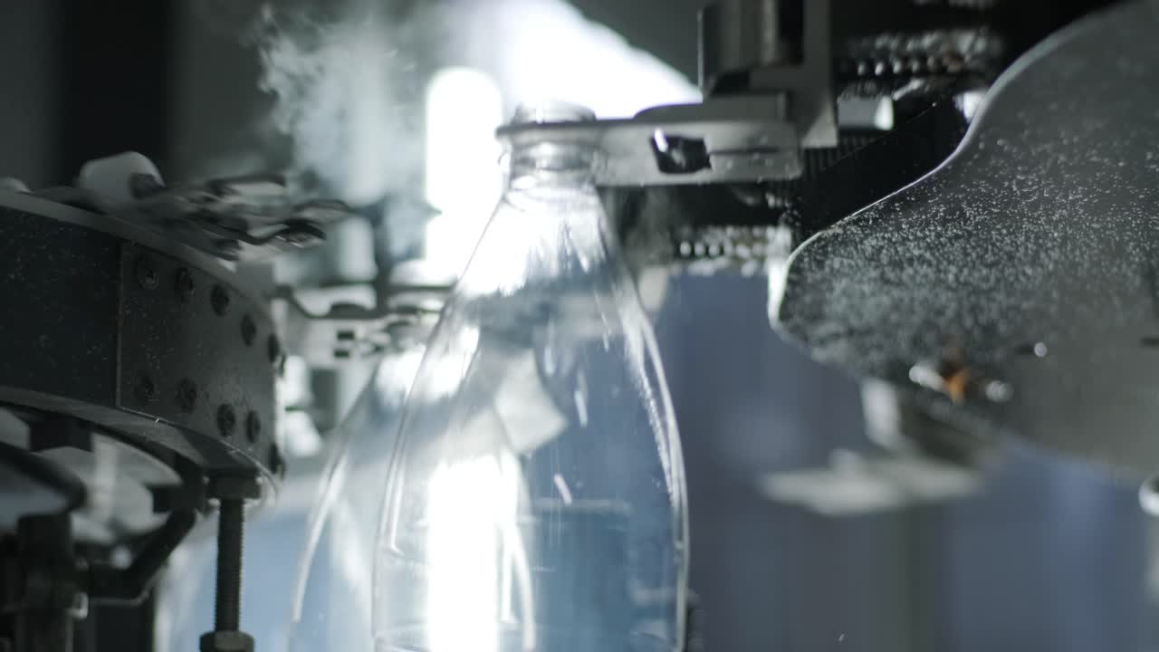 Automatic filling machine pours water into plastic PET bottles at modern beverage plant
