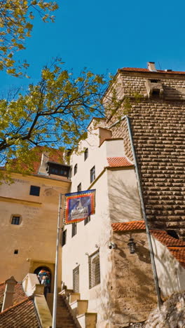 exterior of bran castle with brick wall. low angle vie on the entrance into building. autumn sunny day outdoor. vertical video