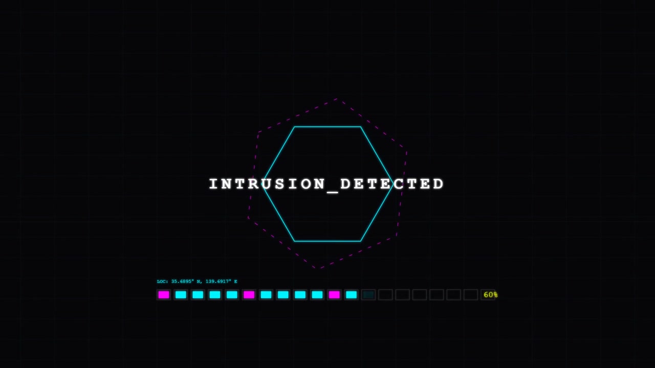 Interfaz digital futurista mostrando el estado del sistema y alertas de seguridad