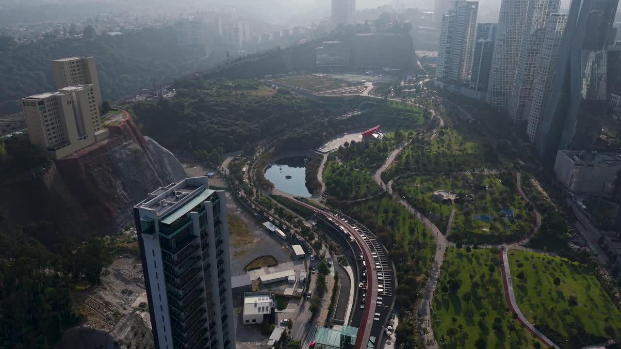 Aerial view of La Mexicana Park in the Santa Fe district, CDMX
