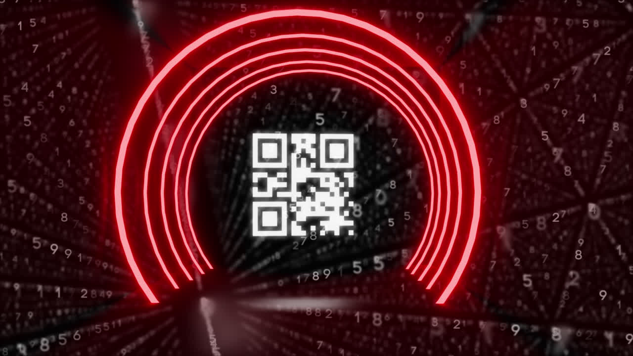 Digital animation of glowing qr code against rows of changing numbers on black background