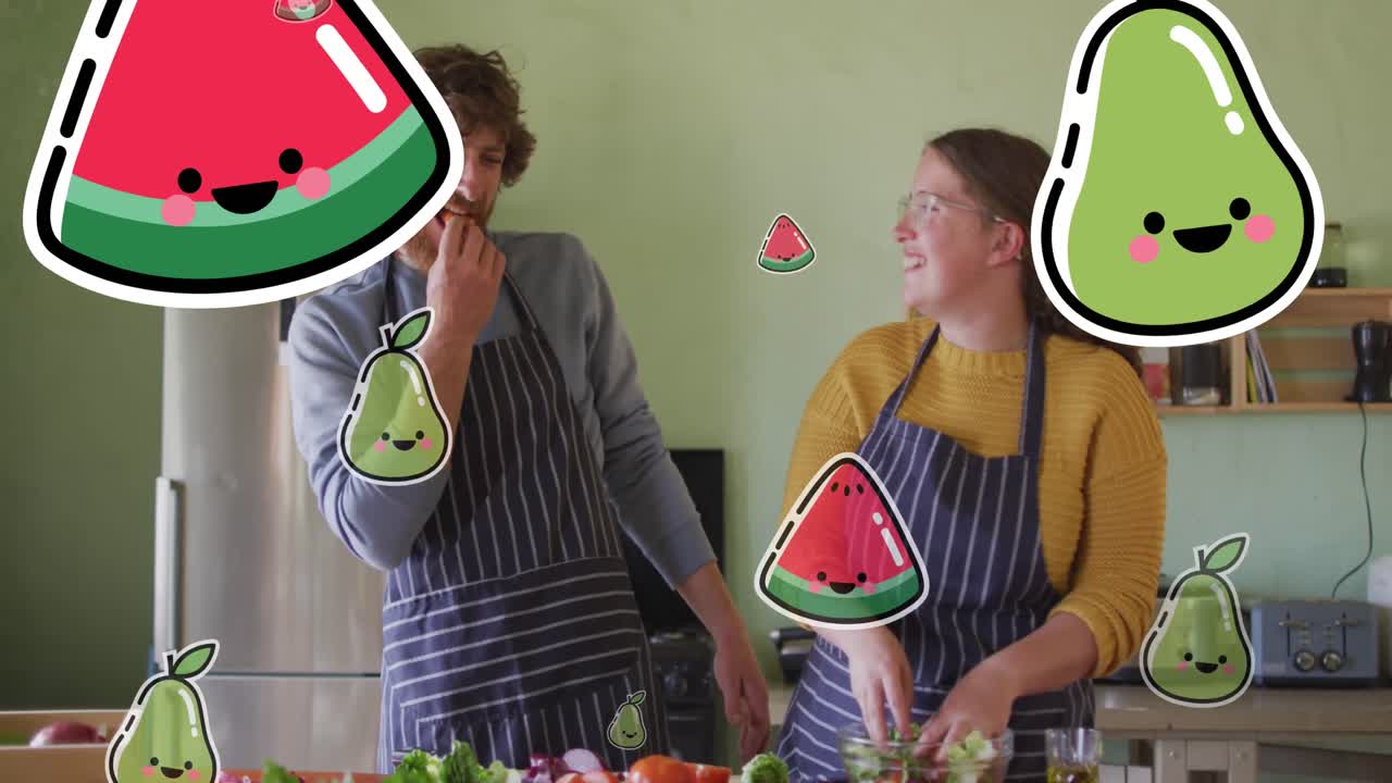 카우카스인 커플이 요리를 하는 과일 아이콘의 애니메이션