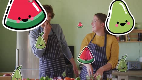 animación de iconos de frutas sobre la cocina de una pareja caucásica