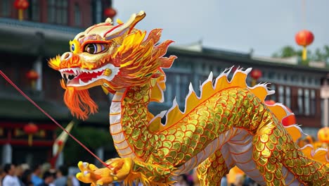 golden chinese dragon parading during a traditional chinese new year celebration in a chinese city with traditional chinese architecture in the background