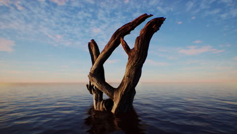 a dead tree stands tall in the water