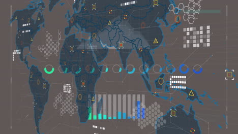 animación del procesamiento de datos financieros sobre el mapa del mundo