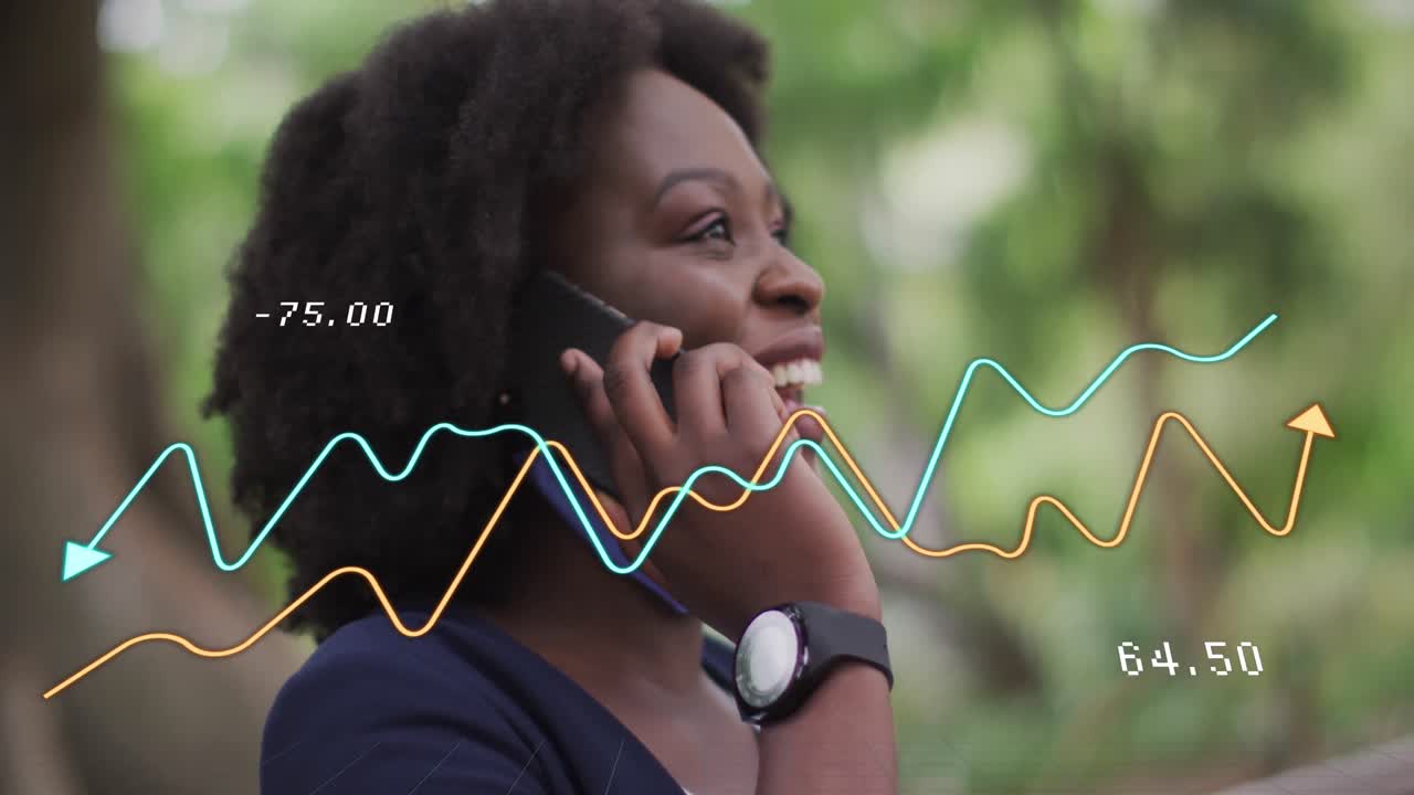 Animation of data processing over african american woman using smartphone