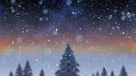 Animation-of-snow-falling-over-christmas-winter-scenery-background