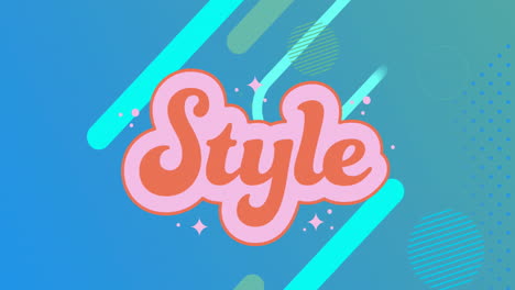 animación de texto de estilo y formas abstractas que se mueven sobre fondo azul