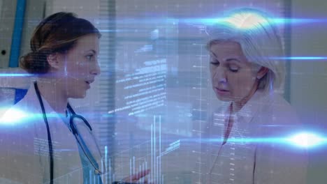 Animation-of-data-processing-over-female-patient-and-female-doctor