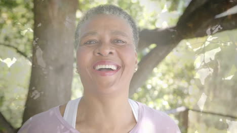 Animation-of-spots-of-light-and-trees-over-smiling-senior-afrcian-american-woman-in-garden