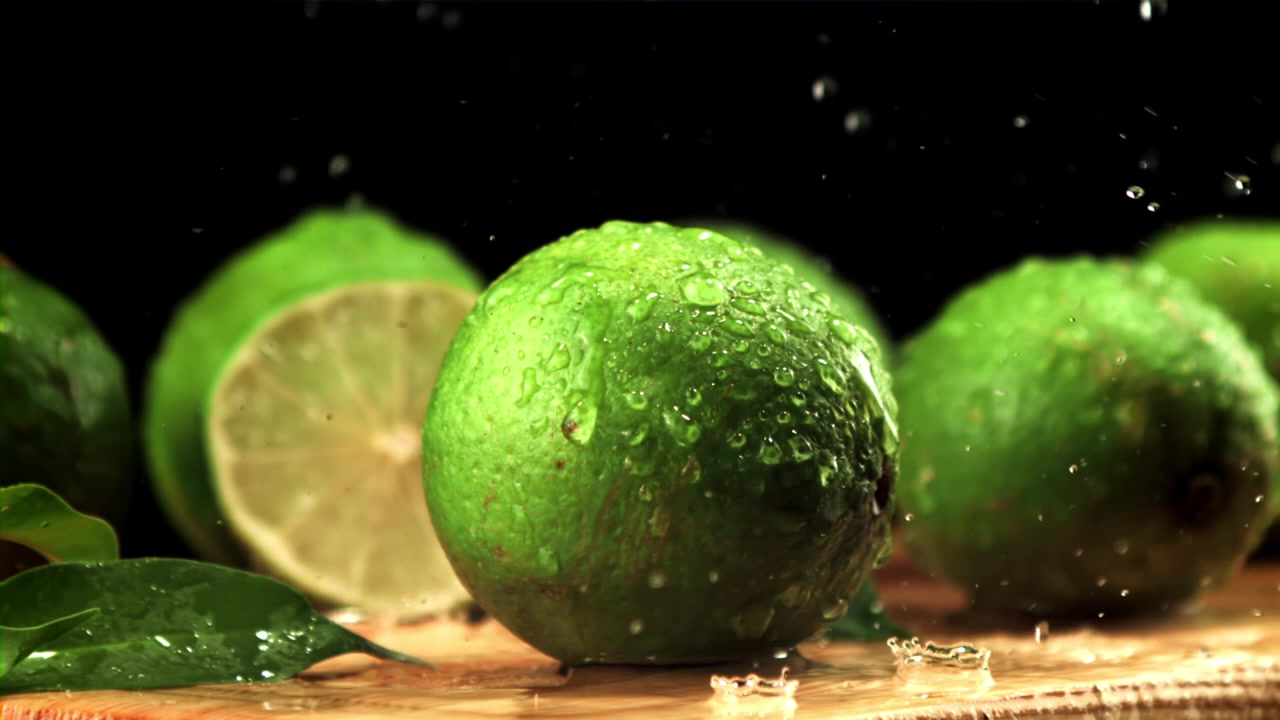 Lime freschi con gocce d'acqua che schizzano al rallentatore