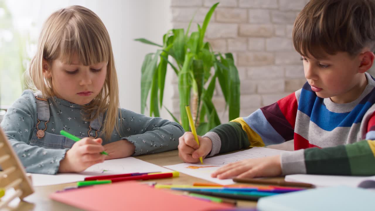 집 에서 함께 숙제를 하는 형제 와 자매 의 동영상