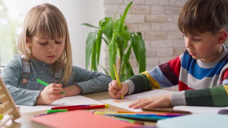 video of brother and sister doing homework together at home