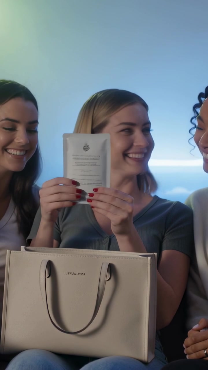 Vidéo verticale: Trois femmes souriantes sur un canapé, la femme du milieu fouillant dans un sac beige et partageant des paquets