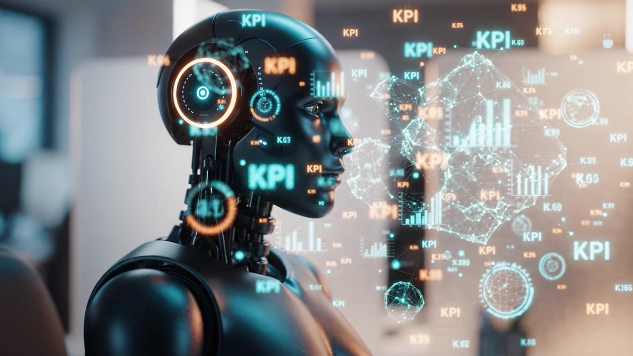 Futuristic humanoid robot profile in a modern office setting, showcasing sleek design and advanced technology with illuminated features, reflecting innovation and AI.