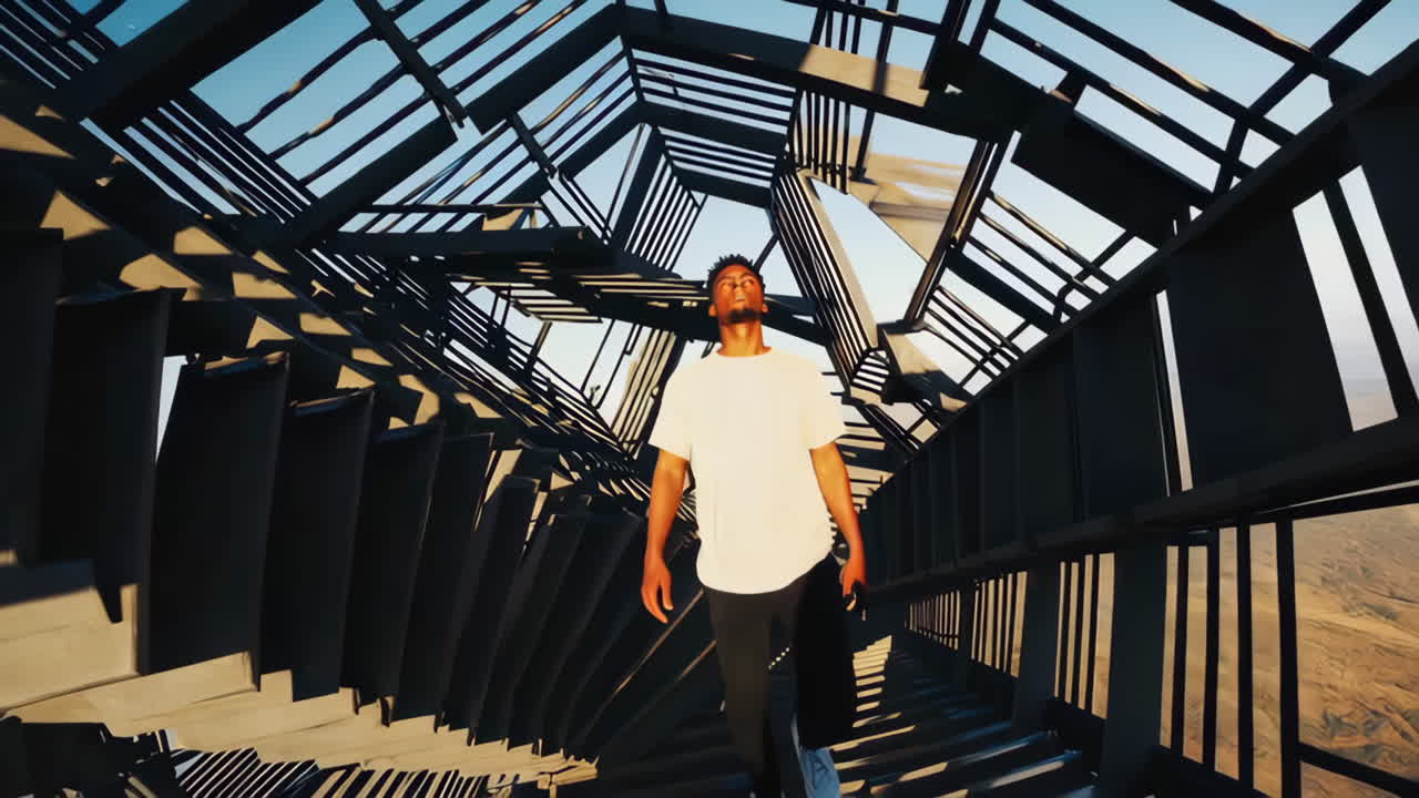 Um jovem desce uma escada em espiral geométrica única banhada pela luz do sol