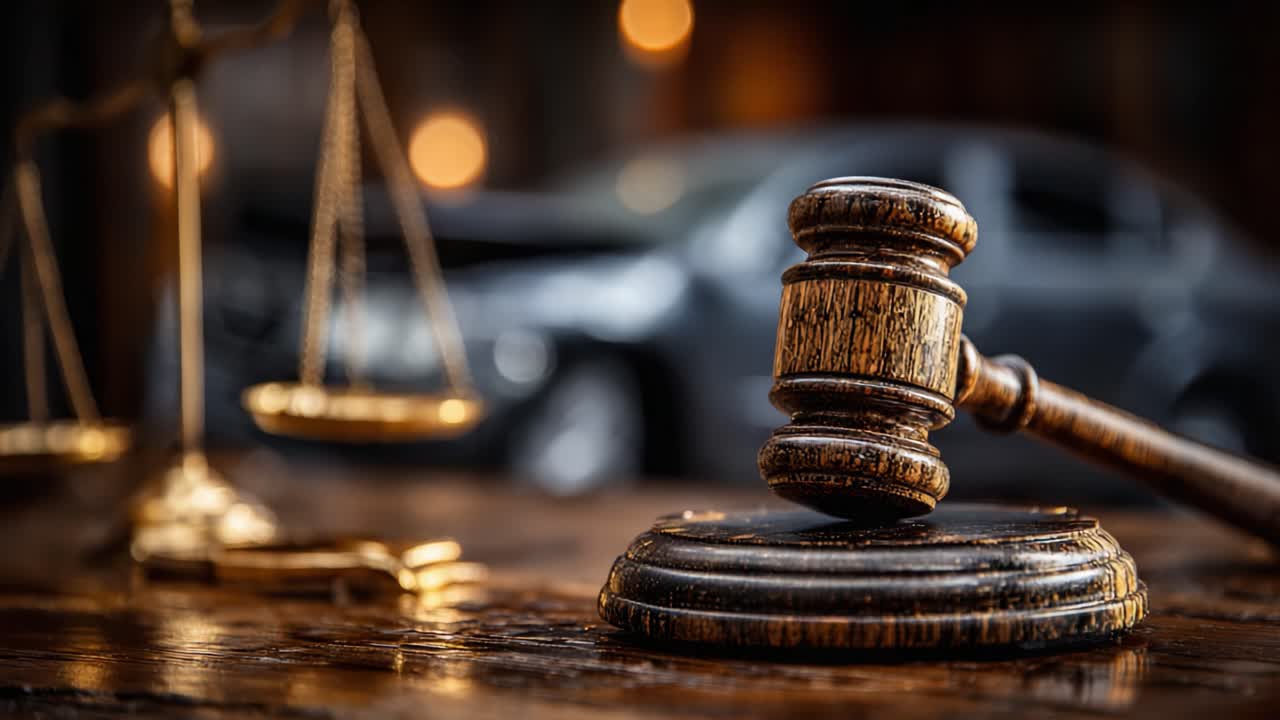 Simboleggiando giustizia e legge: Un primo piano di un martelletto che poggia su un tavolo di legno con uno sfondo sfocato di bilance e un veicolo, catturando l'essenza dei procedimenti legali