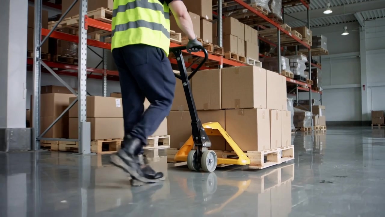 Entering left warehouse man in hivis vest boots placing jack forks moving loaded pallet, copy space