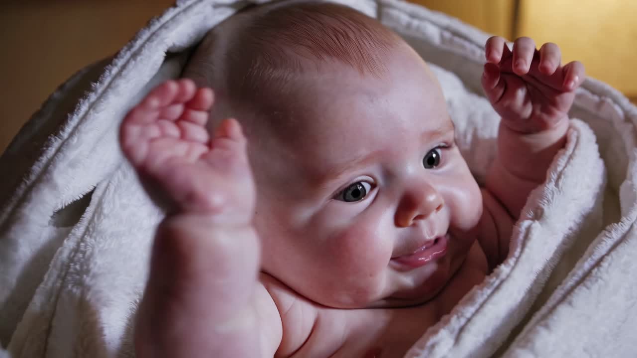 Close-up video of a smiling baby wrapped in a soft blanket, captured from a high angle