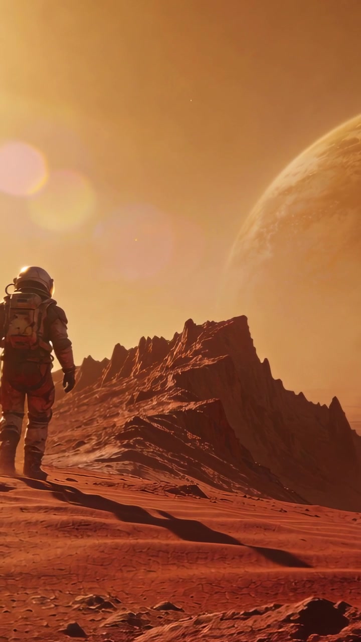 Video verticale: Camminatore in tuta illuminato dal sole che attraversa una pianura rossa verso la cresta, lasciando impronte, spazio per il testo.