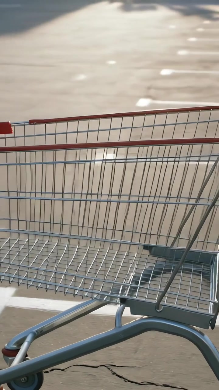 Vertikal video: Kameran börjar panorera och cirkulerar en tom kundvagn på en stormarknadsparkering, visar rött handtag.