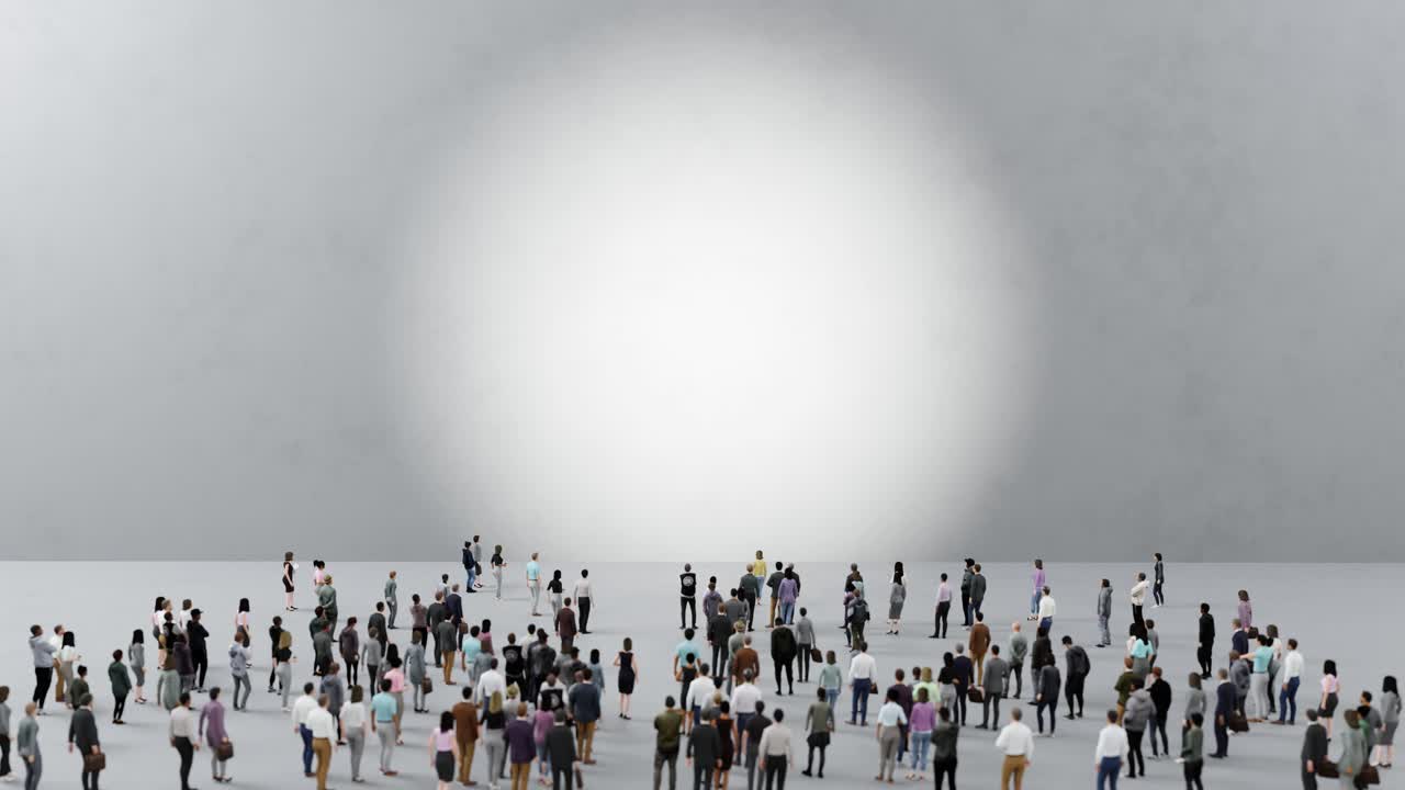 회색 배경 위 스포트라이트 아래 서 있는 대규모 사람들 그룹