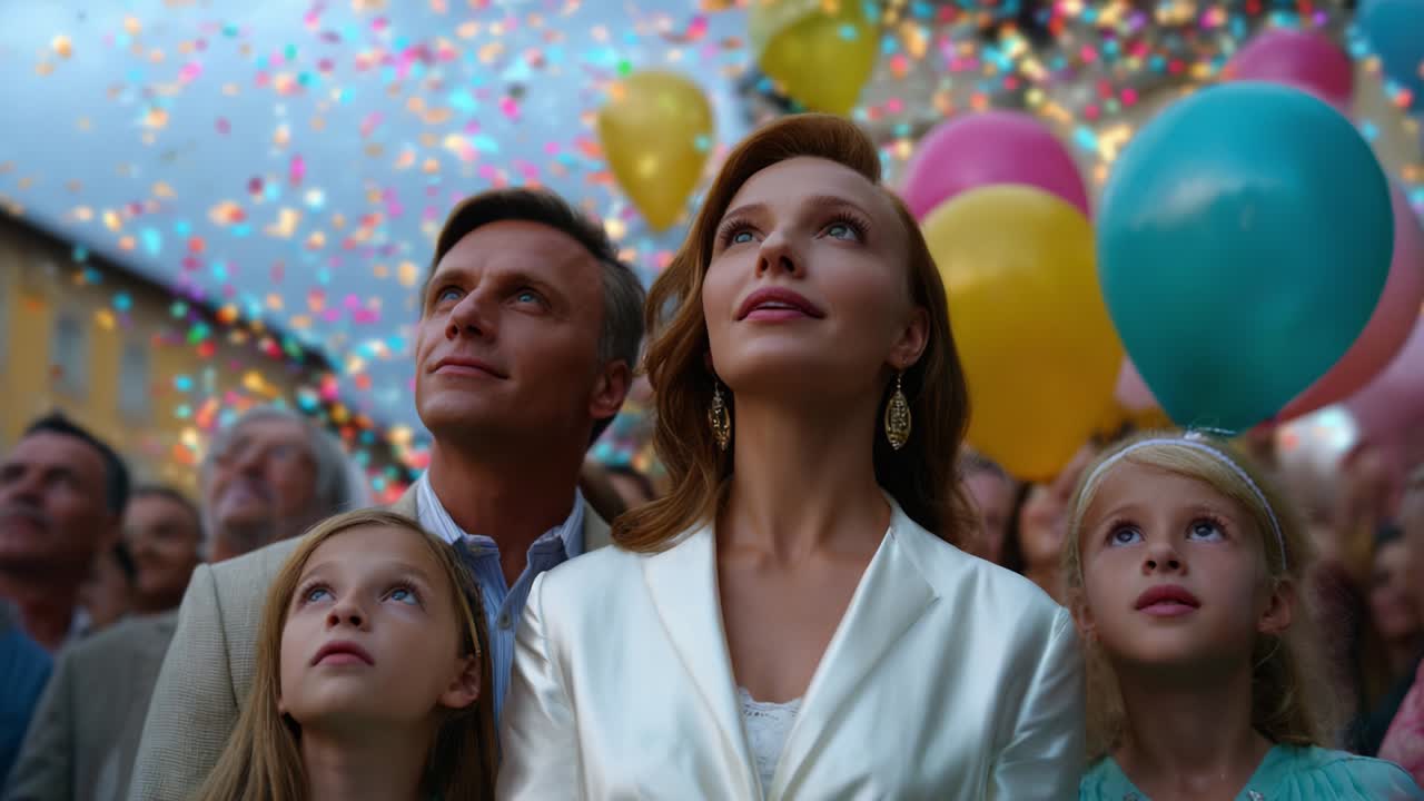Family Celebrating with Balloons and Confetti