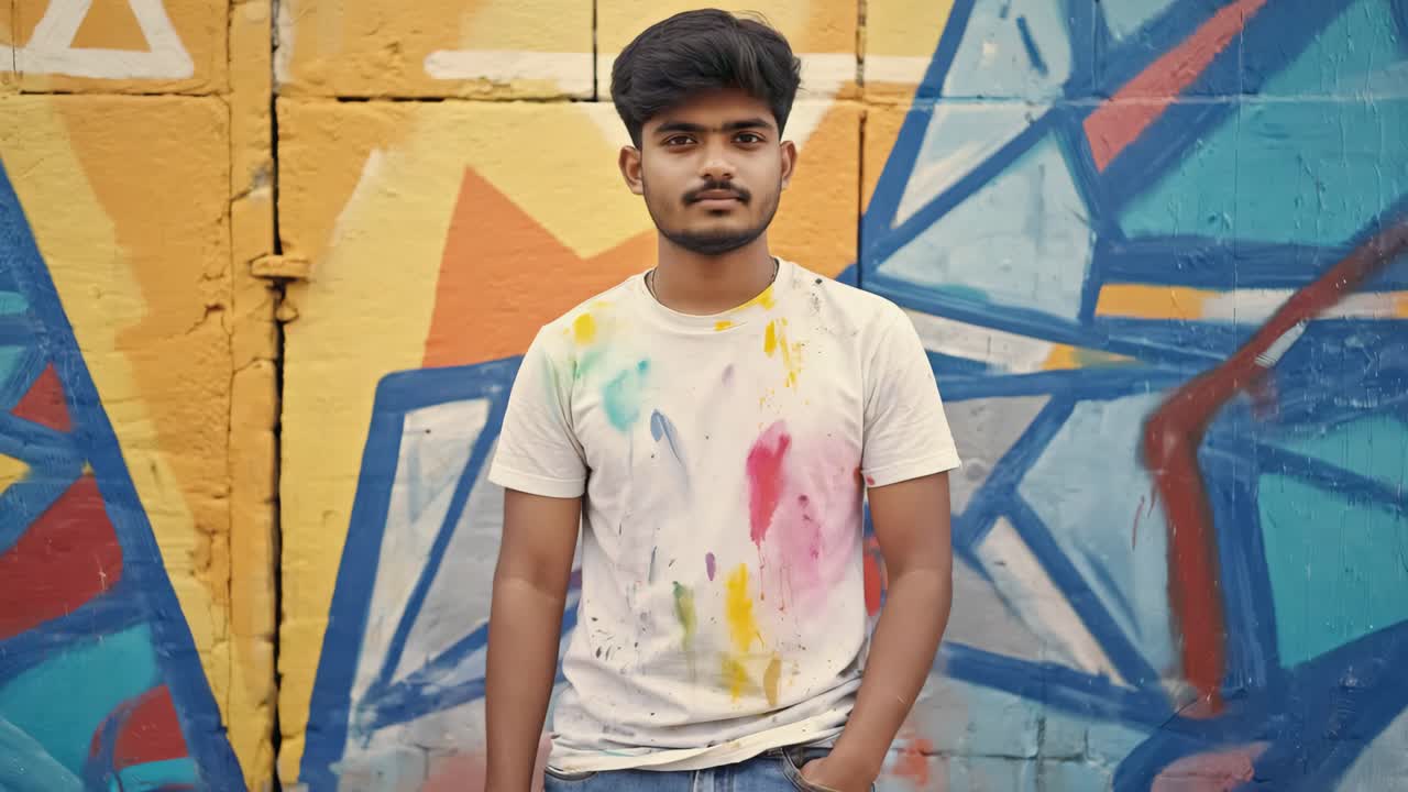 Confident young artist with paint stained t shirt standing with hands in pockets in front of a vibrant graffiti wall, showcasing his passion for urban art and creative expression