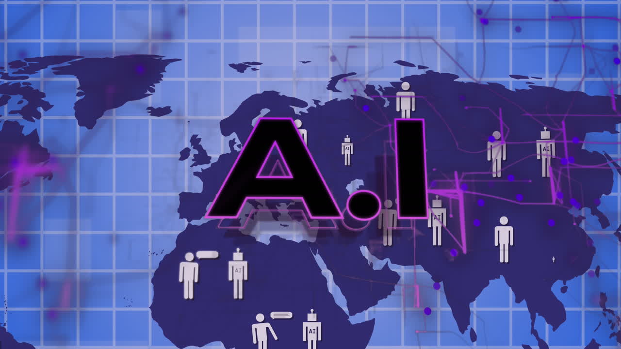 Animation of ai data processing over world map and dark background ...
