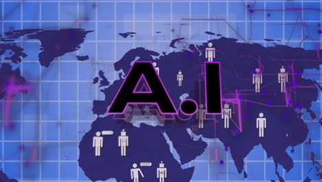 animación del procesamiento de datos ai sobre el mapa del mundo y el fondo oscuro