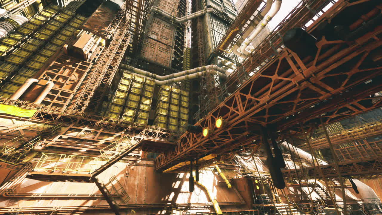Ljus industrigård med högt i tak och texturerade metaller.