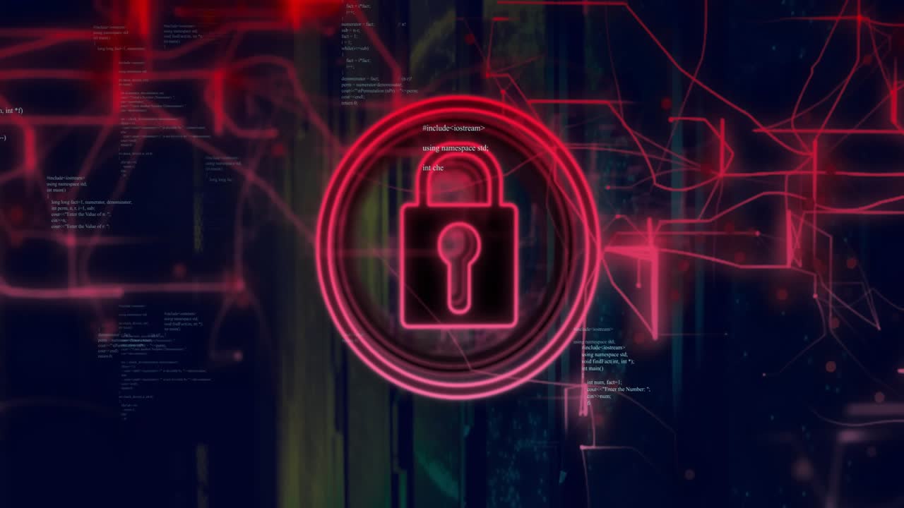 Un contorno di lucchetto genera linee rosse che tracciano connessioni, pulsando fino a diventare un lucchetto solido che mostra sicurezza.
