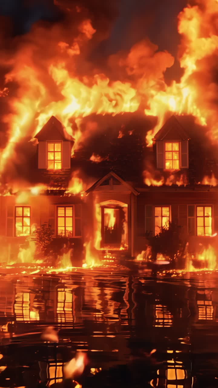 A house is on fire and the flames are reflecting in the water. Scene is intense and dramatic