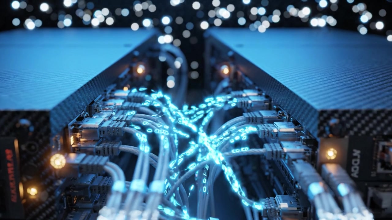 A Glimpse into a Data Center with High-Tech Server Racks and Illuminated Cables, Showcasing Advanced Network Connectivity and Digital Infrastructure