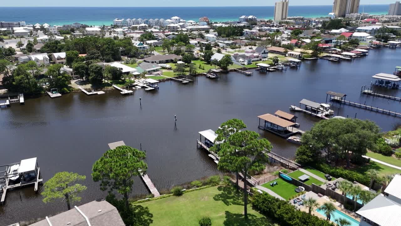 Dynamic panoramic drone movement of a suburban canal neighborhood with docks and family homes, Panama City Beach, Florida, USA