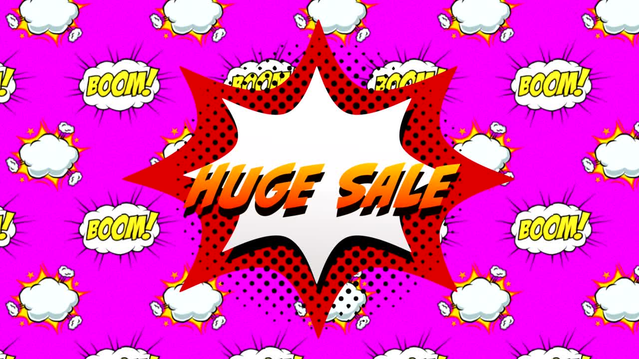 venta enorme y boom texto en la burbuja de habla contra fondo rosa