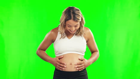 pregnant, stomach and a happy woman on a green