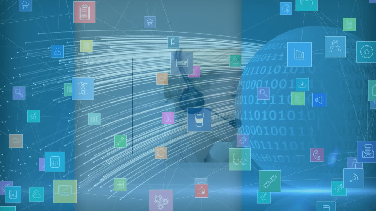 전화 헤드 ⁇ 을 사용하는 비즈니스 사람들에 대한 아이콘과 연결 네트워크의 애니메이션