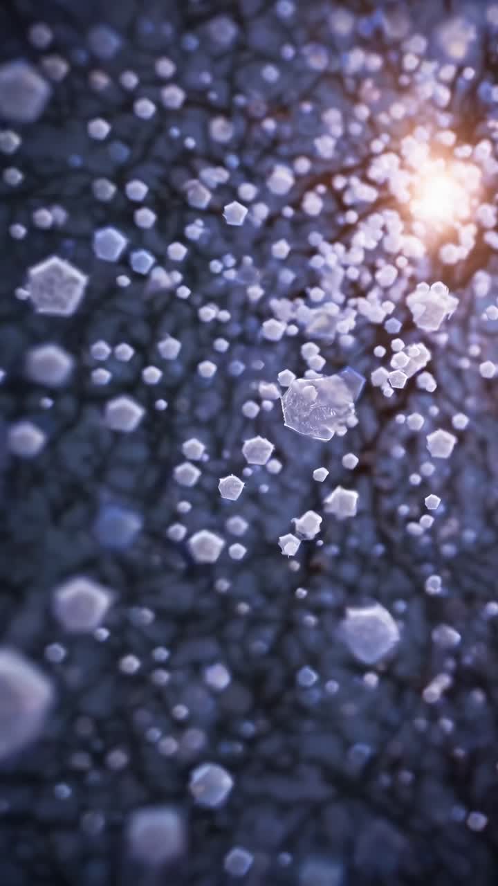 A mesmerizing macro video shot capturing snowflakes falling against a dark background