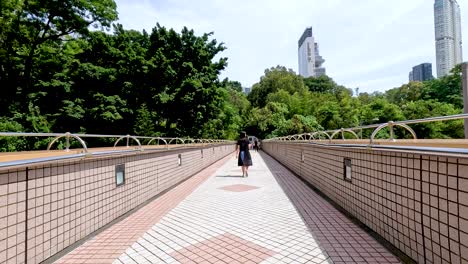 person walking on a sunny bridge path