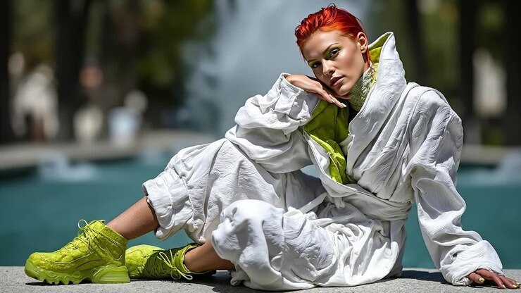 A woman with red hair sitting on the ground next to a fountain